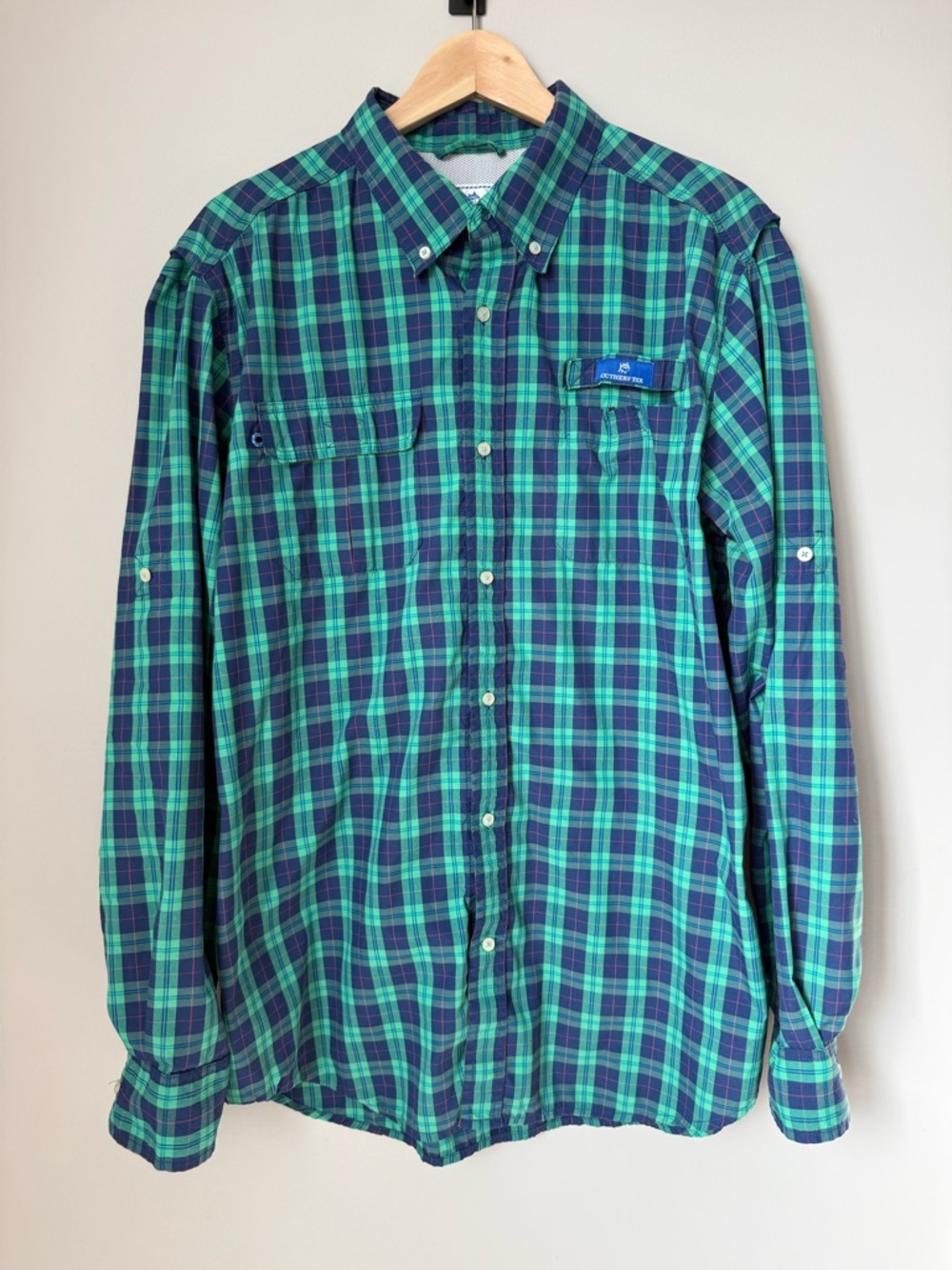 Southern Tide Vented Men's Green & Blue Plaid Fishing Outdoor Button-Down Shirt